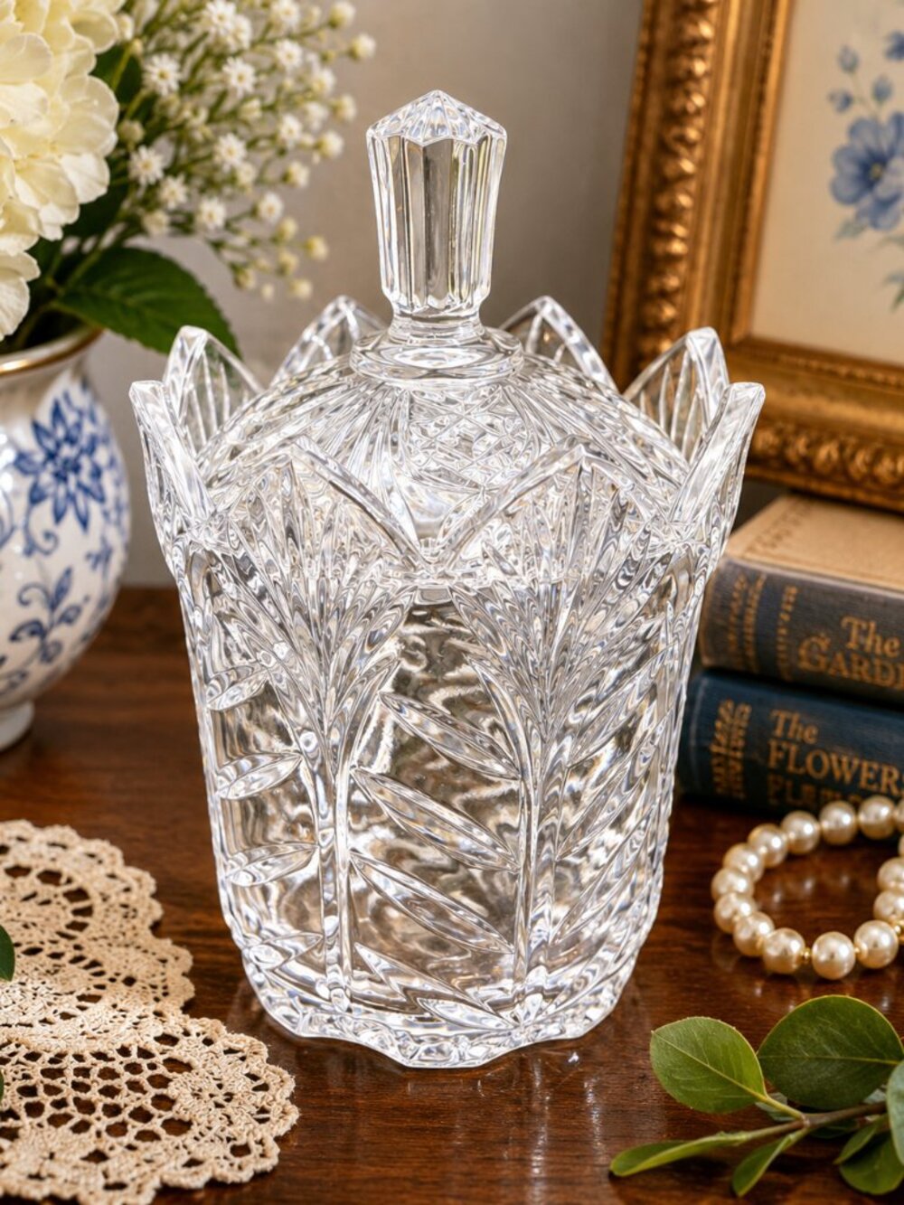 5th Avenue Crystal Portico Covered Candy Dish Jelly Jar Poland 6” Vintage